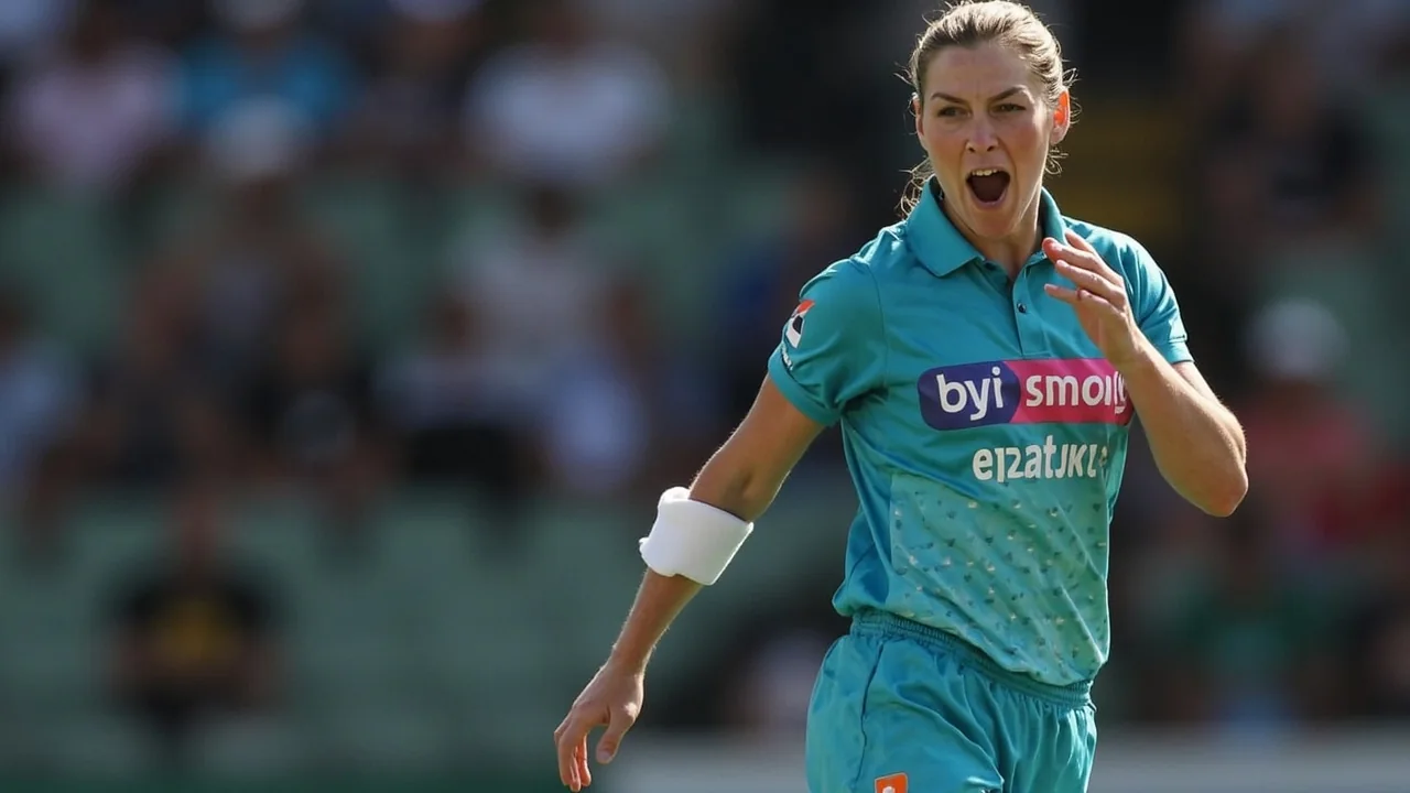 Women’s cricket bowler delivering on a prepared pitch as batters and officials watch