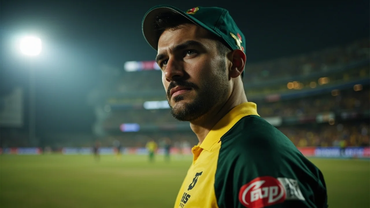 Cricketer in a yellow and green kit standing near the boundary rope under stadium floodlights with a filled stand behind him