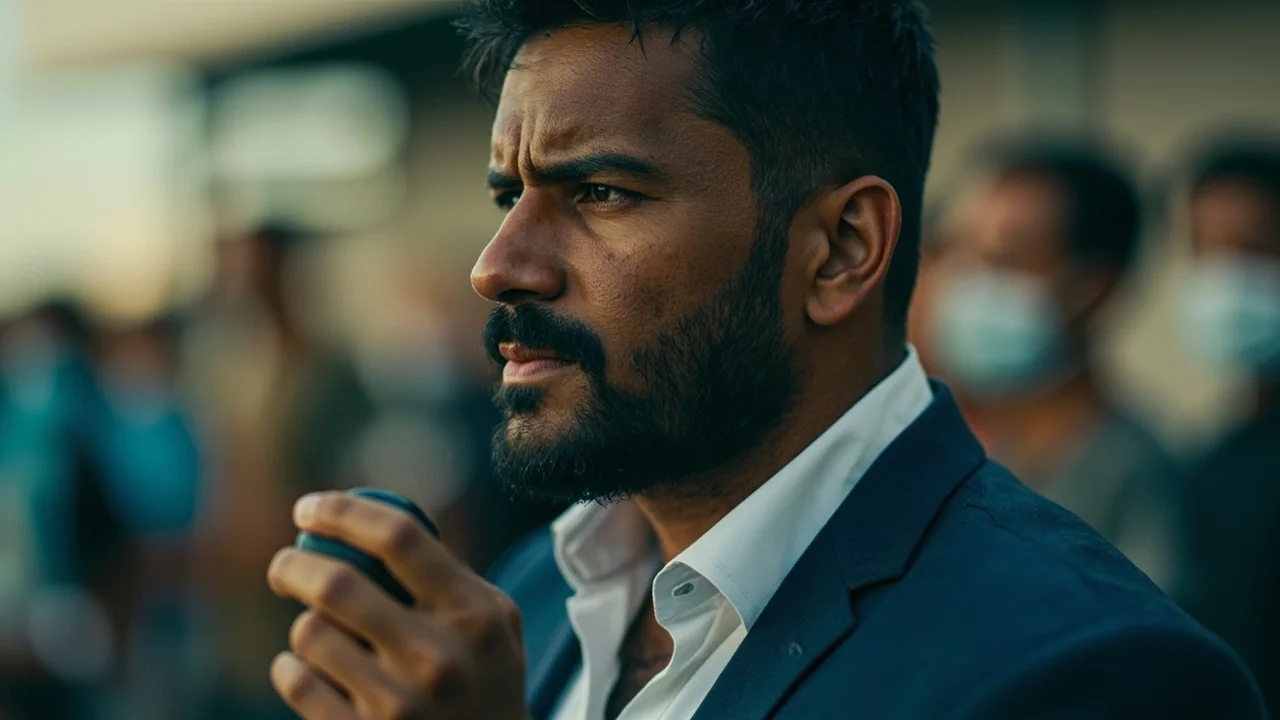 Close editorial frame of a bearded man in a dark blazer holding a small object at a match venue with blurred spectators behind him