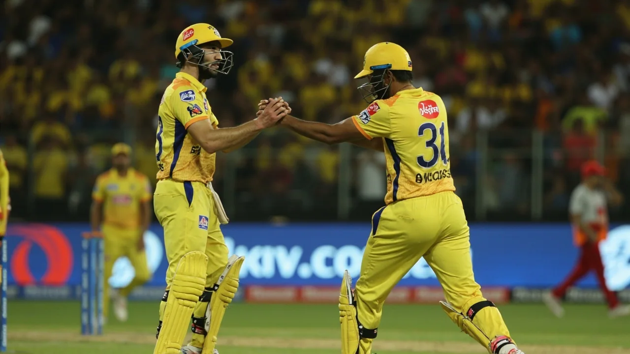 Tactical view of bowlers in coloured jerseys setting a field during an IPL powerplay, with the batter taking guard at the far end