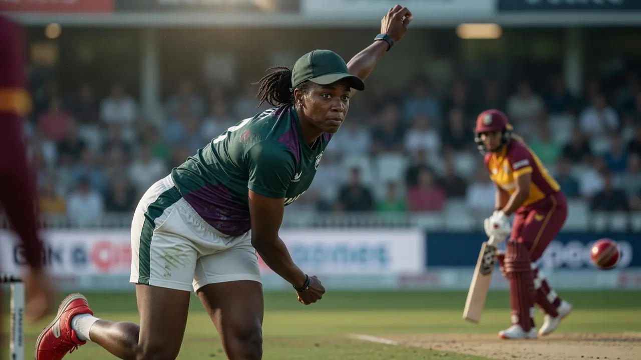 A women's cricket bowler in a coloured kit completes her delivery stride on a lit ground with the batter set at the far end