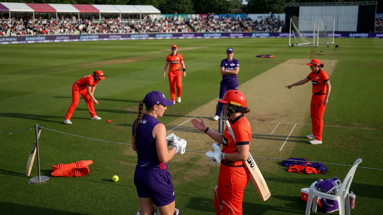 Fielders in coloured kits adjust positions on a sunlit outfield while a batter takes guard during a women's white-ball match