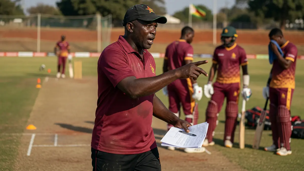 Coach in a maroon polo shirt pointing instructions on a sunlit practice pitch while batters wait in the background