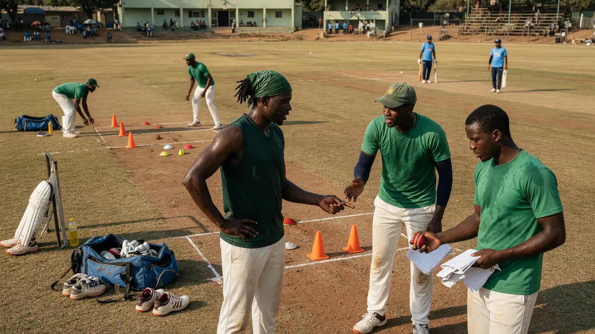 Three cricketers in green practice kit talking beside training cones on a marked pitch with fielders warming up behind them
